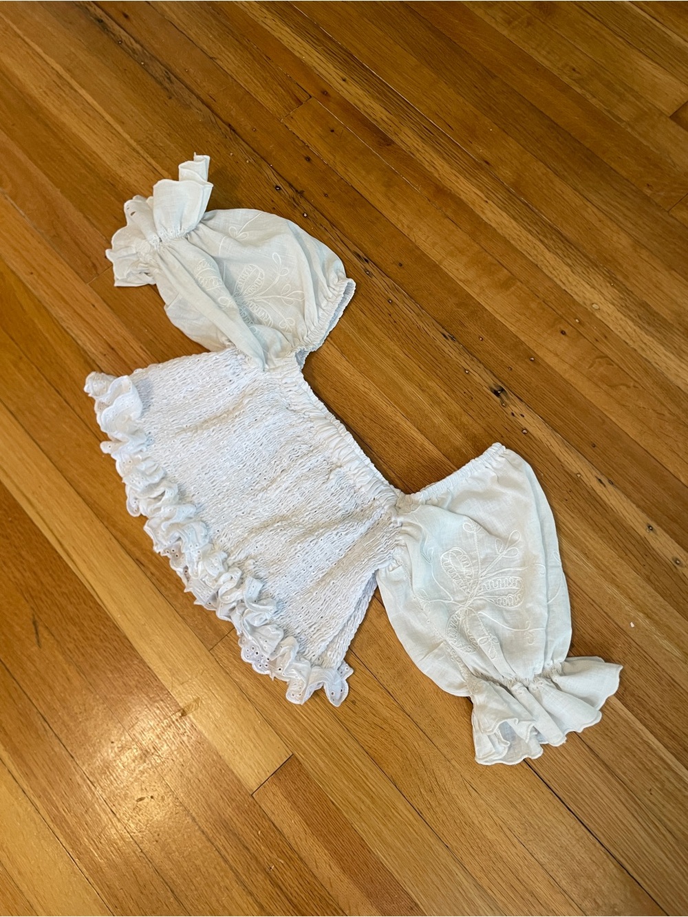 Handmade White Smocked Crop Top with Puff Sleeves